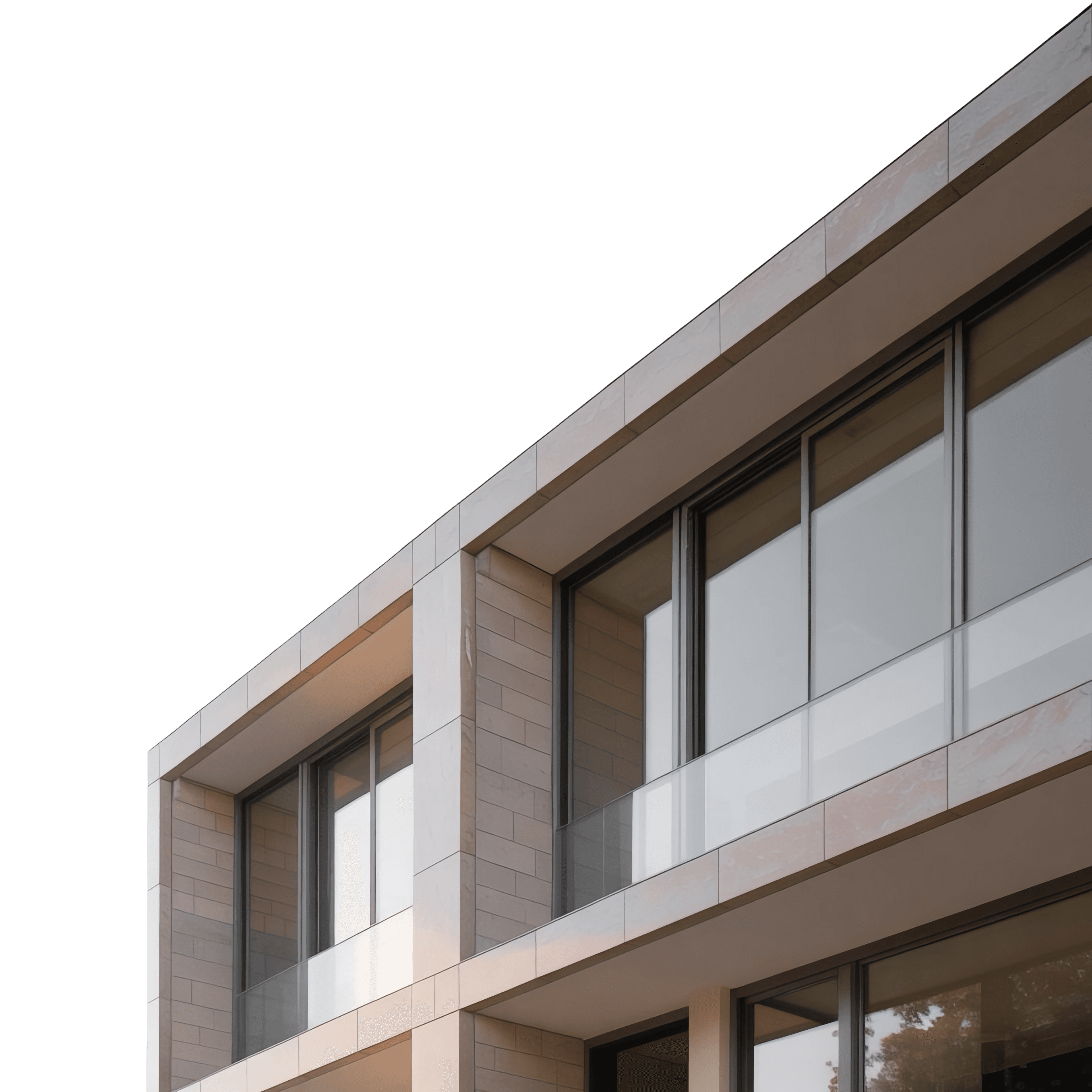 Contemporary building corner with tall glass windows and glass balcony panels against a white sky.